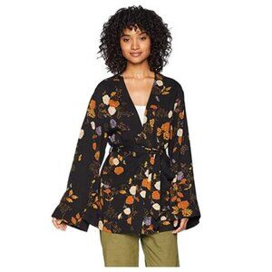 Free People Floral Kimono Wrap Jacket - Size XS Black, Orange, White